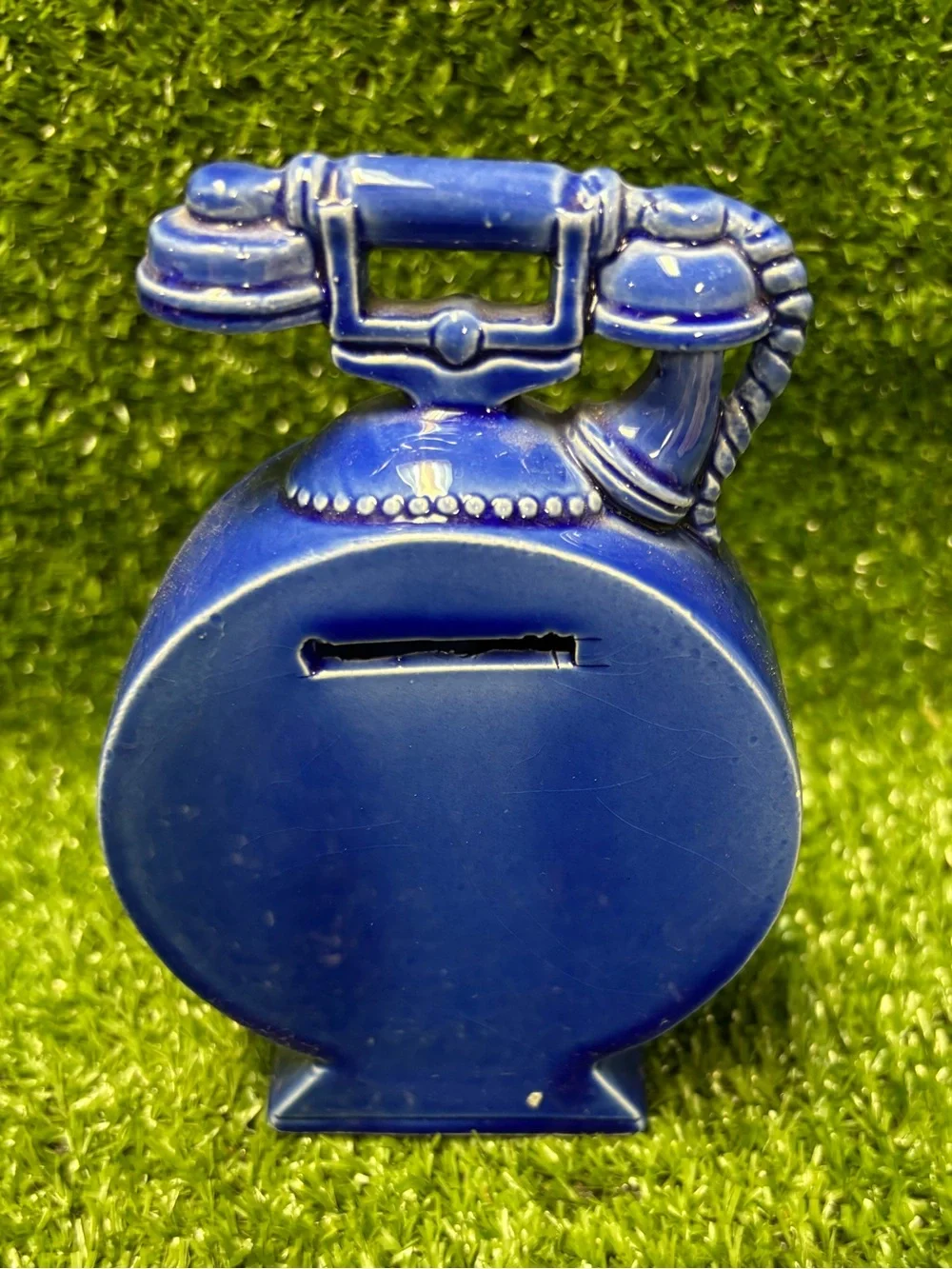 Blue Ceramic Telephone Bank with a Red Heart